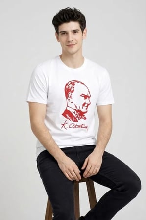 buğrahayalin Erkek Atatürk Baskılı Tişört Kısa Kollu Bisiklet Yaka T-Shirt - Beyaz