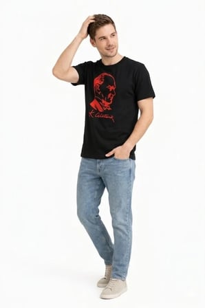 buğrahayalin Erkek Atatürk Baskılı Tişört Kısa Kollu Bisiklet Yaka T-Shirt - Siyah