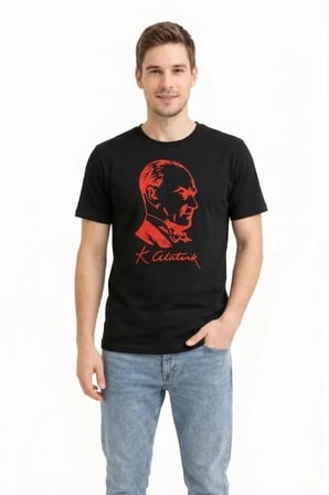 buğrahayalin Erkek Atatürk Baskılı Tişört Kısa Kollu Bisiklet Yaka T-Shirt - Siyah