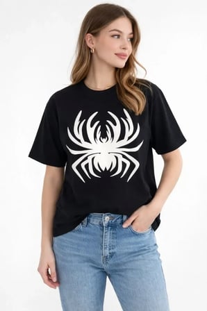 buğrahayalin Örümcek Baskılı Tişört Kısa Kollu Bisiklet Yaka T-Shirt - Siyah
