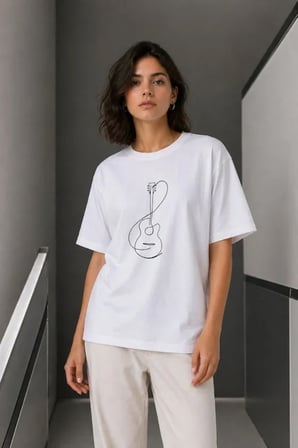 buğrahayalin Minimal Gitar Baskılı Tişört T-Shirt Yazlık Kısa Kol Bisiklet Yaka T-Shirt  - Beyaz