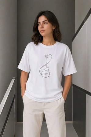 buğrahayalin Minimal Gitar Baskılı Tişört T-Shirt Yazlık Kısa Kol Bisiklet Yaka T-Shirt  - Beyaz