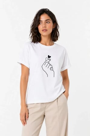 buğrahayalin Kore Parmak Kalp Aşk Temalı Minimal Baskılı Tişört Yazlık Kısa Kol T-Shirt  - Beyaz