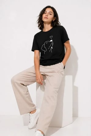 buğrahayalin Köpek Figürlü Minimal Baskılı Tişört Kısa Kol Yazlık T-Shirt - Siyah