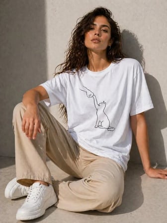 buğrahayalin Minimal Kedi Çizim Baskılı Tişört Kısa Kol Yazlık T-Shirt - Beyaz