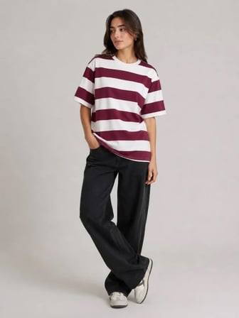 buğrahayalin Çizgili Oversize Tişört Bisiklet Yaka Kısa Kol Yazlık T-Shirt - Bordo