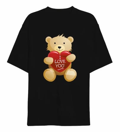 buğrahayalin 14 Şubat Sevgililer Günü I Love You Ayı Baskılı Oversize Bisiklet Yaka T-shirt - Siyah