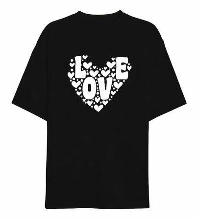buğrahayalin 14 Şubat Sevgililer Günü Love Kalp Baskılı Oversize Bisiklet Yaka T-shirt - Siyah