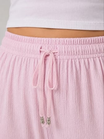 buğrahayalin Battal Beden Bürümcük Kumaş Beli Lastikli Bağcıklı Bol Paça Palazzo Pantolon - Pembe
