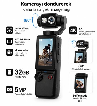 4K Aksiyon Kamerası 180° Döndürülebilir Lensli Ekranlı Cep Tipi Taşınabilir Video Kamera