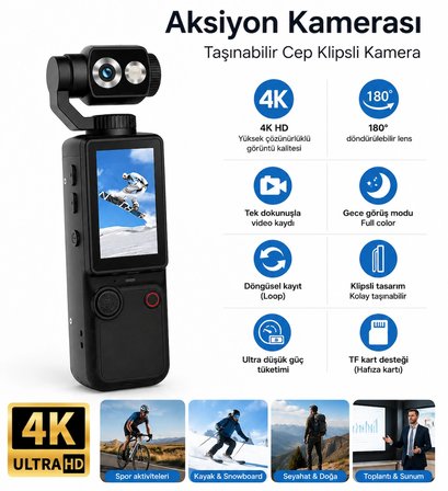 4K Aksiyon Kamerası 180° Döndürülebilir Lensli Ekranlı Cep Tipi Taşınabilir Video Kamera