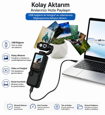 4K Aksiyon Kamerası 180° Döndürülebilir Lensli Ekranlı Cep Tipi Taşınabilir Video Kamera