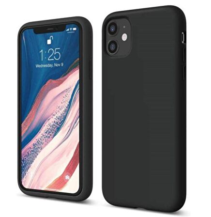 Apple Iphone 11 Uyumlu (6.1") içi Kadife Lansman Liquid Silicone kılıf Şok Emici Full Kasa Koruma Sağlayan Kılıf (Siyah)