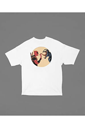 Deadpool x Venom Baskılı Unisex Tişört, Oversize Marvel Film Karakter Tişört