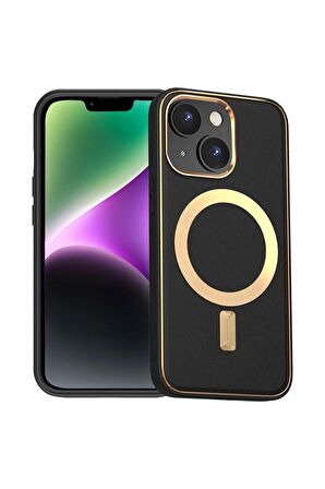 Apple Iphone 15 Kılıf Gold Magsafe Wireless Kablosuz Şarj Uyum Suni Deri Hibrit Kapak