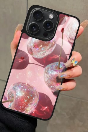 Apple iPhone 11 Pro Max Uyumlu Simli Kiraz Tasarımlı Parlak Silikon Kılıf