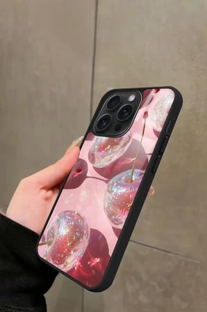 Apple iPhone 11 Pro Max Uyumlu Simli Kiraz Tasarımlı Parlak Silikon Kılıf
