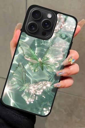 Apple iPhone 12 Pro Max Uyumlu Yeşil Kelebek Tasarımlı Parlak Silikon Kılıf
