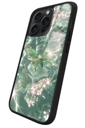 Apple iPhone 12 Pro Max Uyumlu Yeşil Kelebek Tasarımlı Parlak Silikon Kılıf