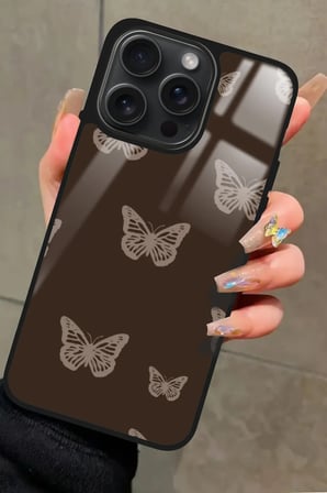 Apple iPhone 12 Pro Max Uyumlu Kahverengi Kelebek Tasarımlı Parlak Silikon Kılıf