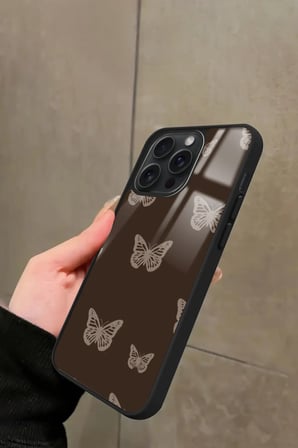 Apple iPhone 12 Pro Max Uyumlu Kahverengi Kelebek Tasarımlı Parlak Silikon Kılıf