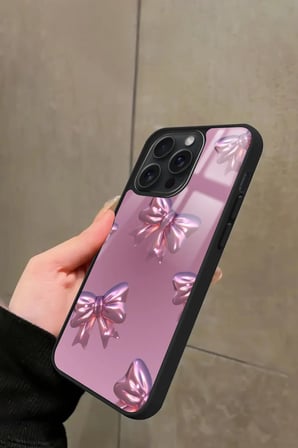 Apple iPhone 12 Pro Max Uyumlu Pembe Kurdele Tasarımlı Parlak Silikon Kılıf