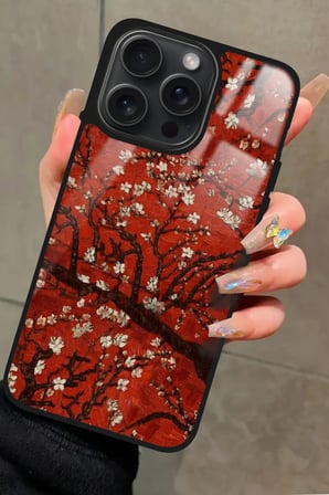 Apple iPhone 13 Pro Max Uyumlu Van Gogh Kırmızı Ağaç Tablo Tasarımlı Parlak Silikon Kılıf