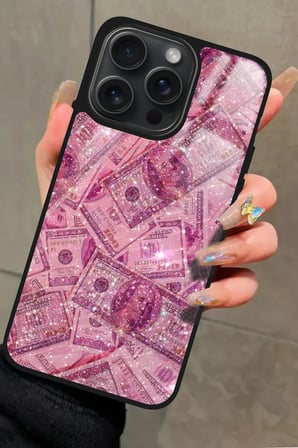 Apple iPhone 13 Pro Max Uyumlu Pembe Para Tasarımlı Parlak Silikon Kılıf