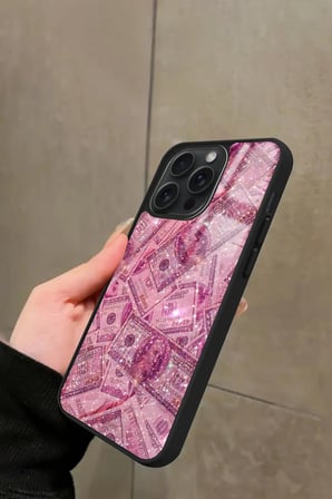 Apple iPhone 13 Pro Max Uyumlu Pembe Para Tasarımlı Parlak Silikon Kılıf