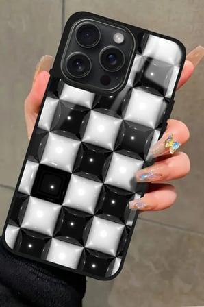 Apple iPhone 13 Pro Uyumlu Siyah-Beyaz Kare Tasarımlı Parlak Silikon Kılıf