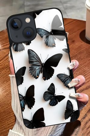 Apple iPhone 14 Plus Uyumlu Darbeye Dayanıklı Siyah Kelebek Tasarımlı Parlak Silikon Kılıf