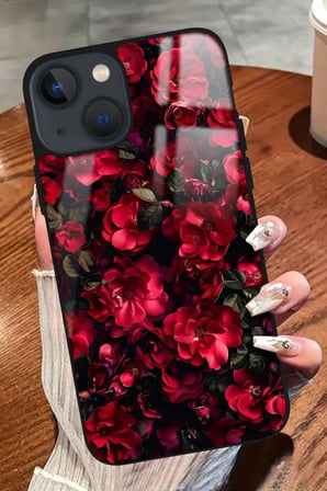 Apple iPhone 14 Plus Uyumlu Darbeye Dayanıklı Kırmızı Çiçek Tasarımlı Parlak Silikon Kılıf