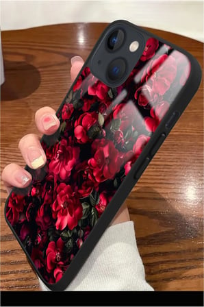 Apple iPhone 14 Plus Uyumlu Darbeye Dayanıklı Kırmızı Çiçek Tasarımlı Parlak Silikon Kılıf