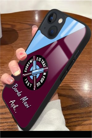 Apple İphone 14 Plus Uyumlu Bordo Mavi Aşk Yazılı Parlak Silikon Kılıf