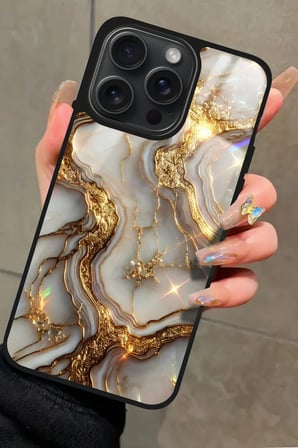 Apple iPhone 14 Pro Max Uyumlu Beyaz&Altın Mermer Tasarımlı Parlak Silikon Kılıf