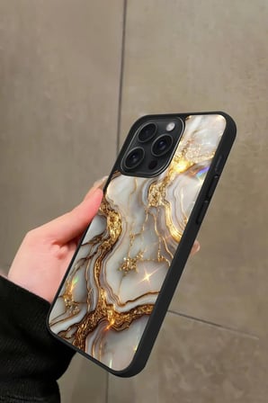 Apple iPhone 14 Pro Max Uyumlu Beyaz&Altın Mermer Tasarımlı Parlak Silikon Kılıf