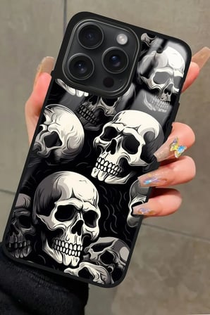 Apple iPhone 14 Pro Max Uyumlu Kurukafa Tasarımlı Parlak Silikon Kılıf