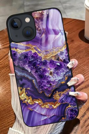 Apple iPhone 15 Plus Uyumlu Darbeye Dayanıklı Mor Mermer Tasarımlı Parlak Silikon Kılıf