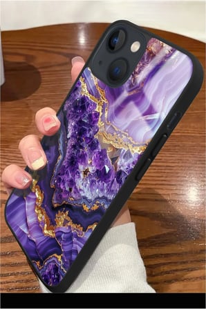 Apple iPhone 15 Plus Uyumlu Darbeye Dayanıklı Mor Mermer Tasarımlı Parlak Silikon Kılıf