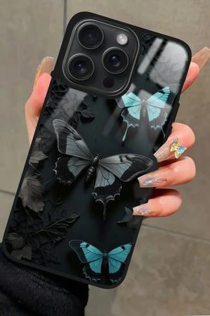 Apple iPhone 15 Pro Max Uyumlu Siyah Kelebek Tasarımlı Parlak Silikon Kılıf