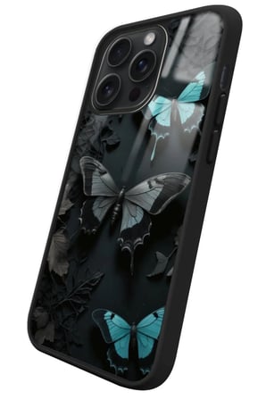 Apple iPhone 15 Pro Max Uyumlu Siyah Kelebek Tasarımlı Parlak Silikon Kılıf
