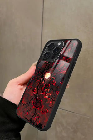 Apple iPhone 15 Pro Max Uyumlu Kırmızı Manzara Tasarımlı Parlak Silikon Kılıf
