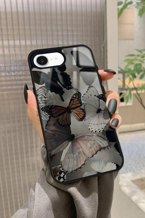 Apple iPhone 16E Uyumlu Siyah Kelebek Tasarımlı Parlak Silikon Kılıf