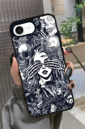 Apple iPhone 16E Uyumlu Kurukafa Posteri Tasarımlı Parlak Silikon Kılıf