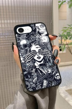 Apple iPhone 16E Uyumlu Kurukafa Posteri Tasarımlı Parlak Silikon Kılıf