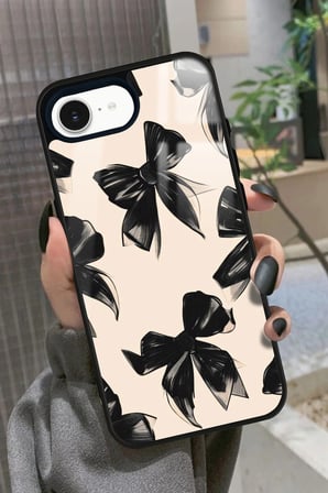 Apple iPhone 16E Uyumlu Siyah Kurdele Tasarımlı Parlak Silikon Kılıf