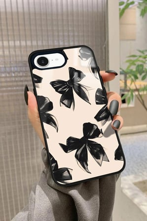 Apple iPhone 16E Uyumlu Siyah Kurdele Tasarımlı Parlak Silikon Kılıf
