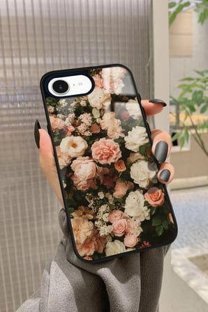 Apple iPhone 16E Uyumlu Pembe Çiçek Tasarımlı Parlak Silikon Kılıf