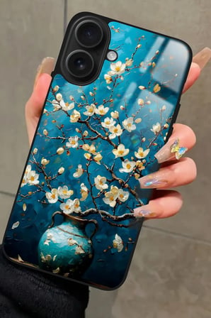 Apple iPhone 16 Plus Uyumlu Van Gogh Mavi Ağaç Tablo Tasarımlı Parlak Silikon Kılıf