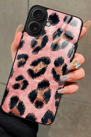 Apple iPhone 16 Plus Uyumlu Pembe Leopar Tasarımlı Parlak Silikon Kılıf
